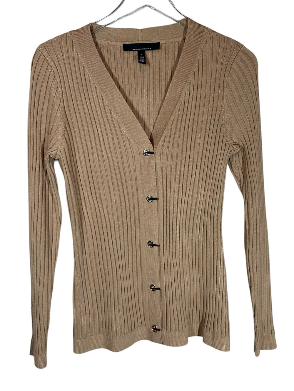 WHBM Women's Large Ribbed V-Neck Button Cardigan - Camel Silver Toggle Closure